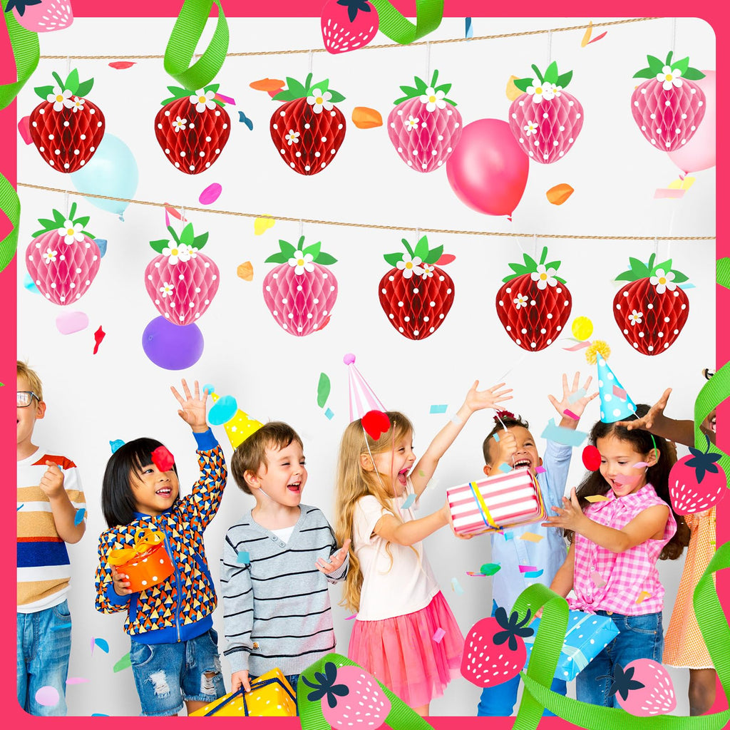 Tenare 24 Pack Strawberry Honeycomb Decorations – Red & Pink Paper Balls for Berry Party Centerpieces