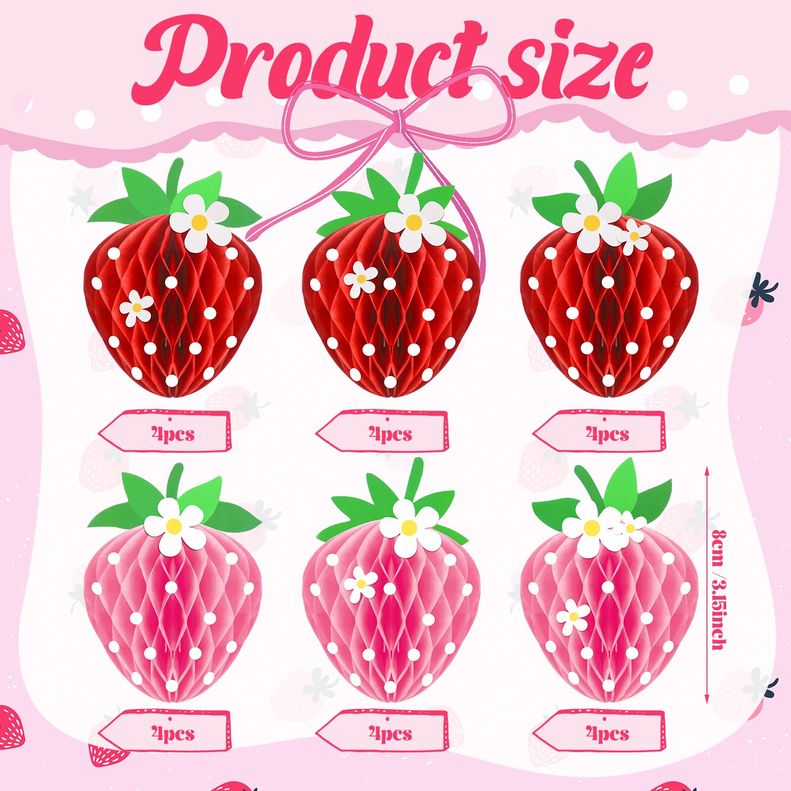 Tenare 24 Pack Strawberry Honeycomb Decorations – Red & Pink Paper Balls for Berry Party Centerpieces