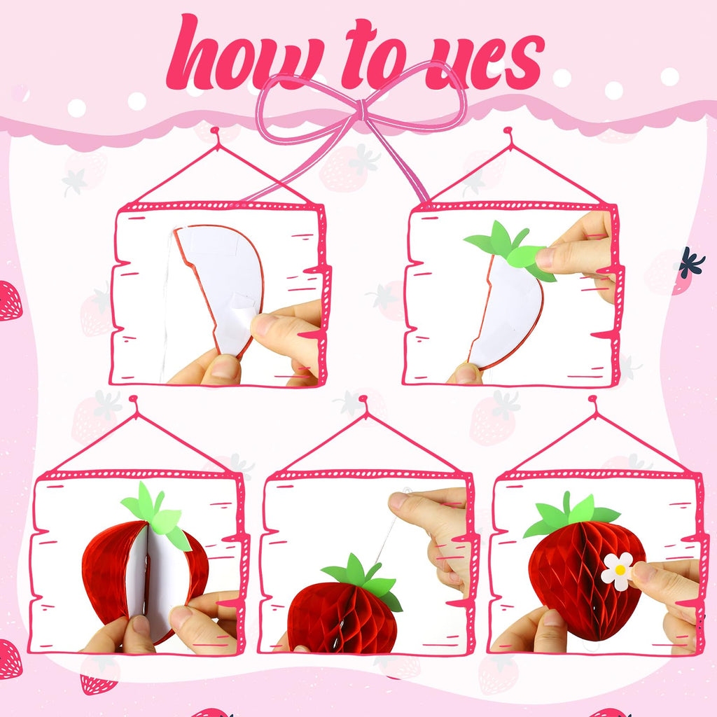 Tenare 24 Pack Strawberry Honeycomb Decorations – Red & Pink Paper Balls for Berry Party Centerpieces
