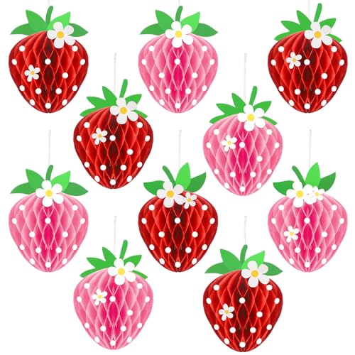 Tenare 24 Pack Strawberry Honeycomb Decorations – Red & Pink Paper Balls for Berry Party Centerpieces
