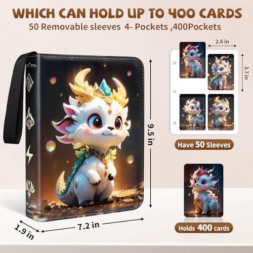 tenmorn 4-Pocket Card Binder for 400 Cards – Black PU Leather Album with 50 Removable Sleeves for TCG, Pokémon, MTG, Yu-Gi-Oh, Sports Cards