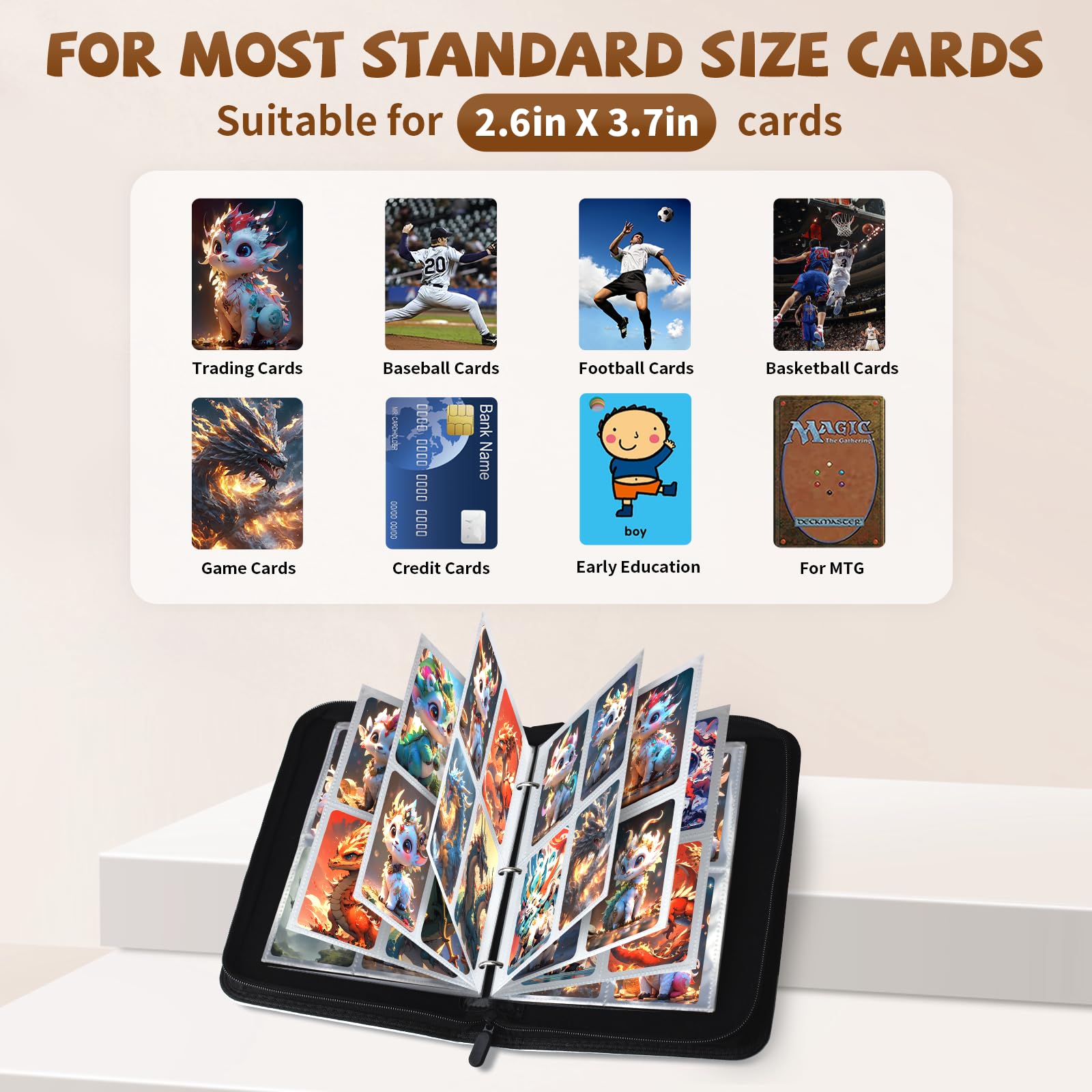 tenmorn 4-Pocket Card Binder for 400 Cards – Black PU Leather Album with 50 Removable Sleeves for TCG, Pokémon, MTG, Yu-Gi-Oh, Sports Cards