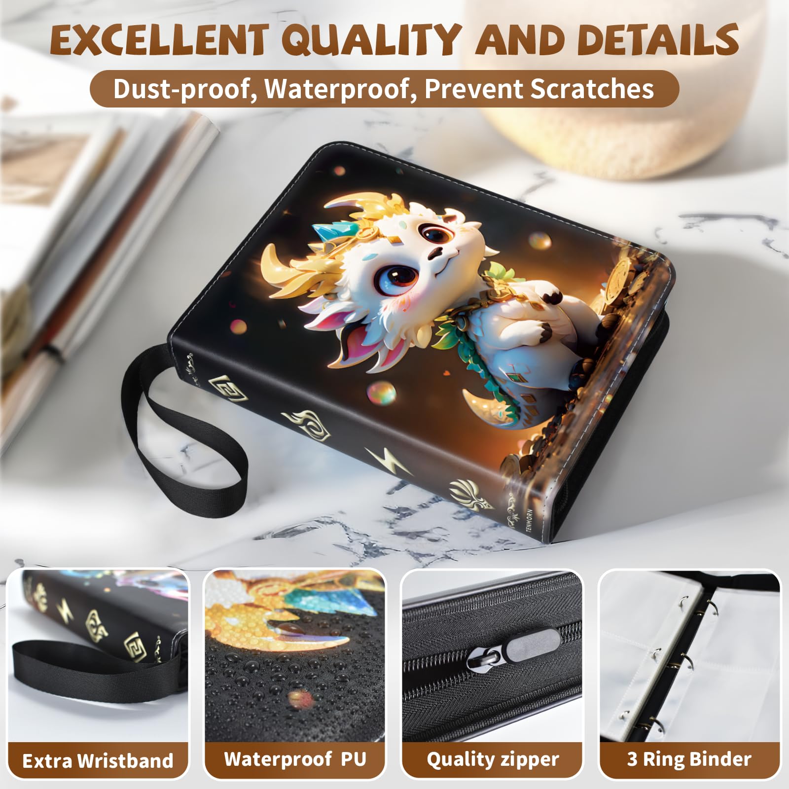 tenmorn 4-Pocket Card Binder for 400 Cards – Black PU Leather Album with 50 Removable Sleeves for TCG, Pokémon, MTG, Yu-Gi-Oh, Sports Cards