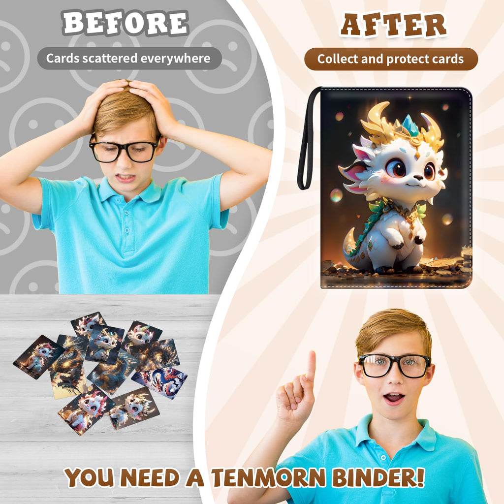 tenmorn 4-Pocket Card Binder for 400 Cards – Black PU Leather Album with 50 Removable Sleeves for TCG, Pokémon, MTG, Yu-Gi-Oh, Sports Cards