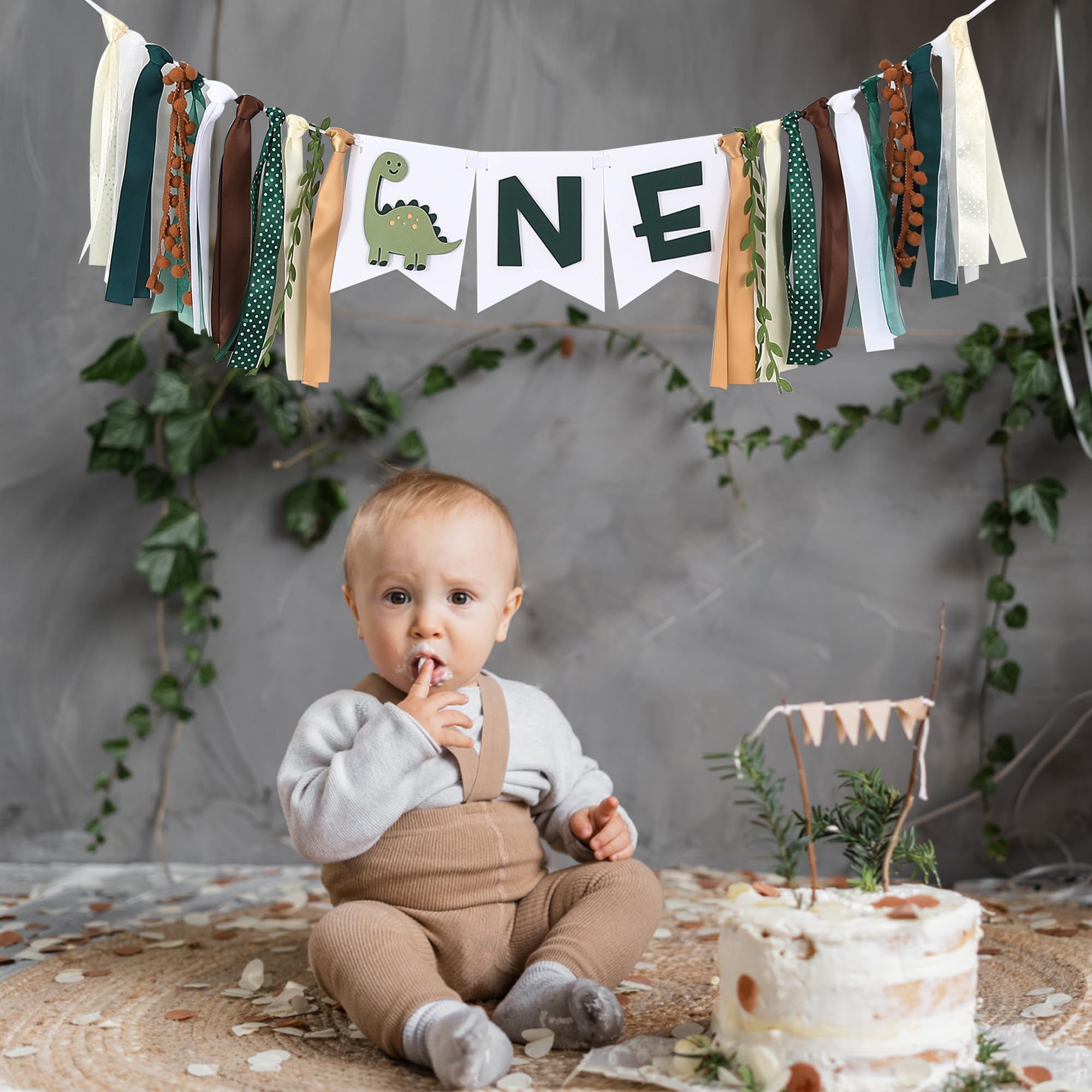 Tenshun Dinosaur 1st Birthday High Chair Banner - Earth-Toned Dino Party Garland for Baby Boy's First Birthday, Pre-Assembled Satin Ribbon Banner with 3D Layered Pennants, 4.3x5.5 inch Cards