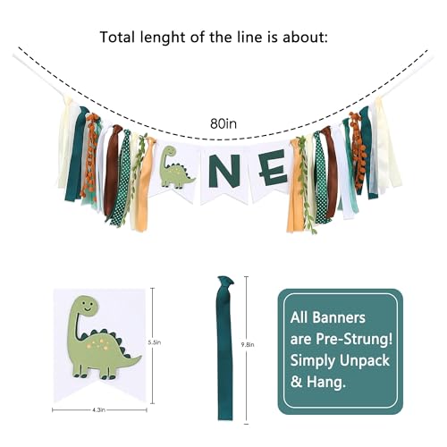 Tenshun Dinosaur 1st Birthday High Chair Banner - Earth-Toned Dino Party Garland for Baby Boy's First Birthday, Pre-Assembled Satin Ribbon Banner with 3D Layered Pennants, 4.3x5.5 inch Cards