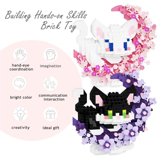 TENYEAH 2-in-1 Micro Brick Set: Pink & Purple Cats with Flower and Moon