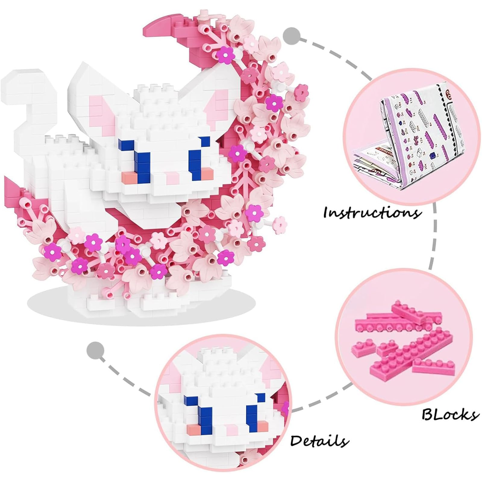 TENYEAH 2-in-1 Micro Brick Set: Pink & Purple Cats with Flower and Moon