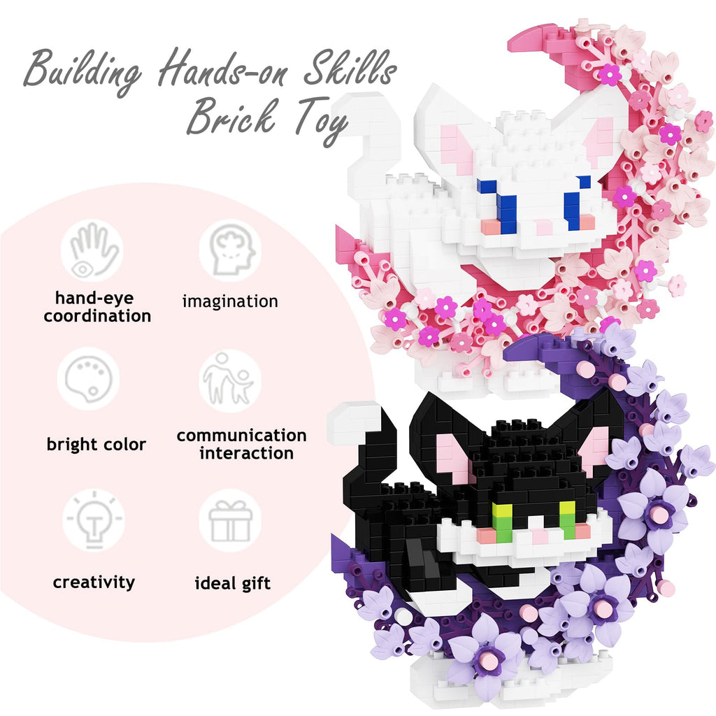 TENYEAH 2-in-1 Micro Brick Set: Pink & Purple Cats with Flower and Moon