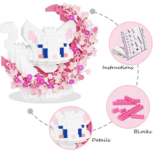 TENYEAH 2-in-1 Micro Brick Set: Pink & Purple Cats with Flower and Moon