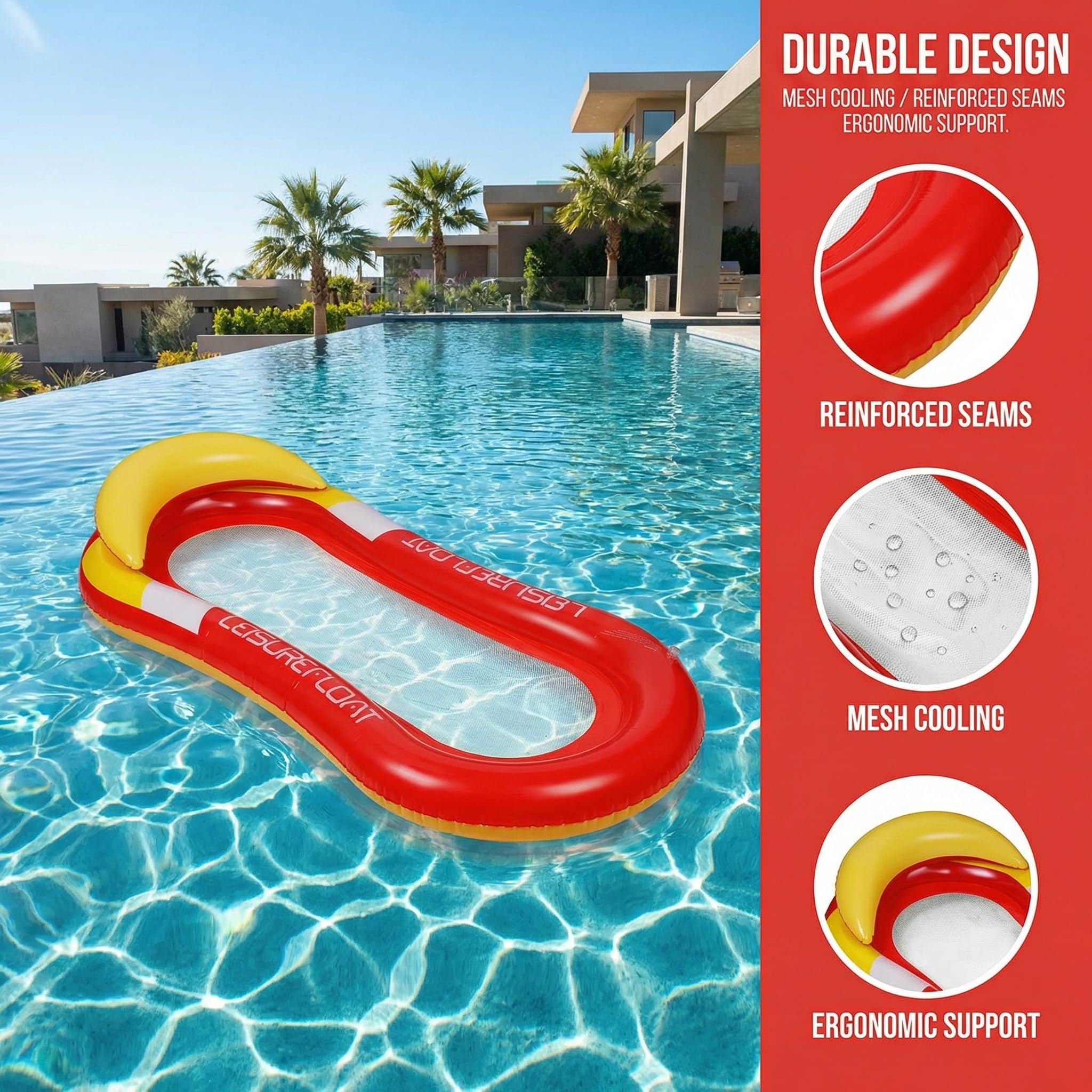 Tessitop 60-Inch Inflatable Pool Float Adult with Backrest and Mesh Bottom - Red