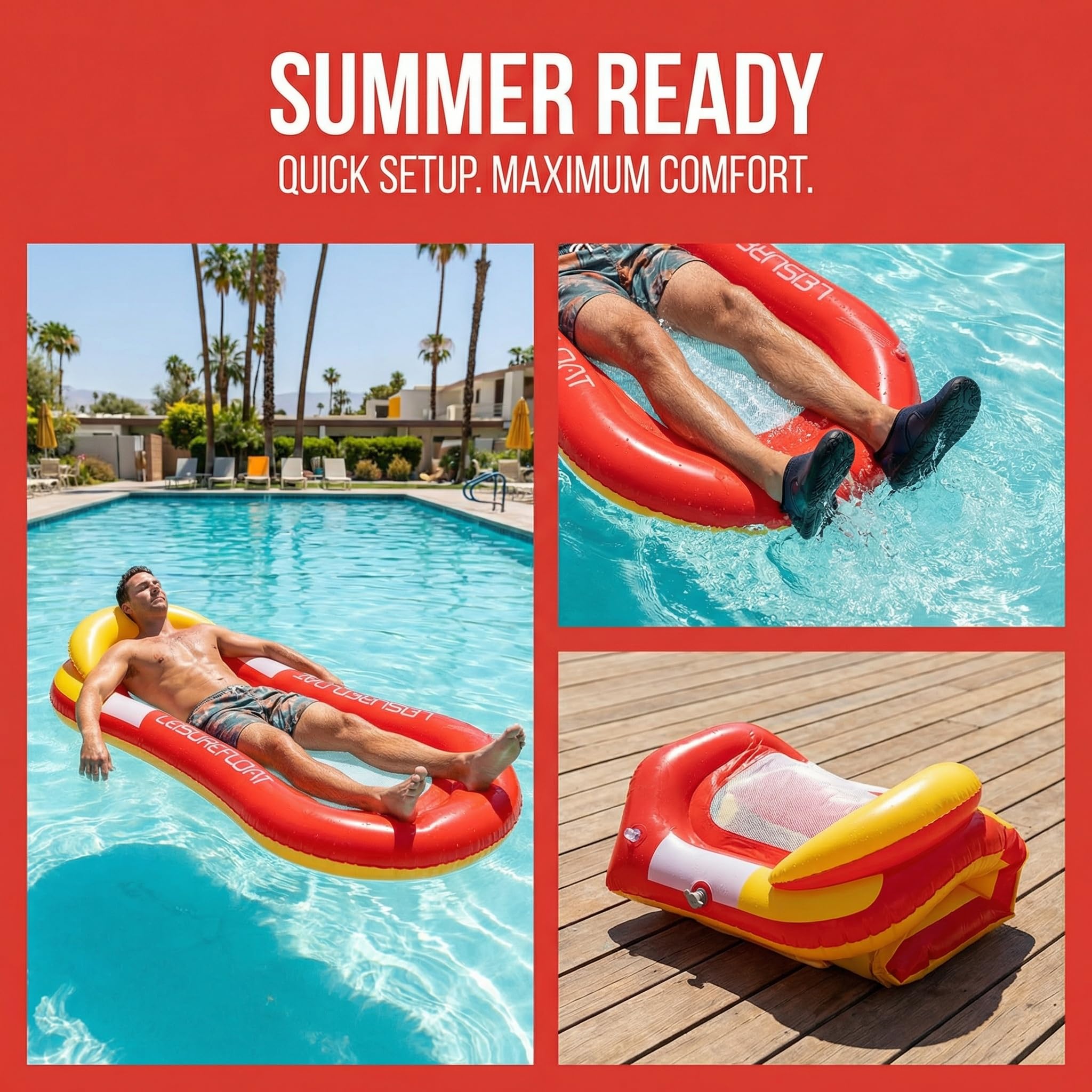 Tessitop 60-Inch Inflatable Pool Float Adult with Backrest and Mesh Bottom - Red