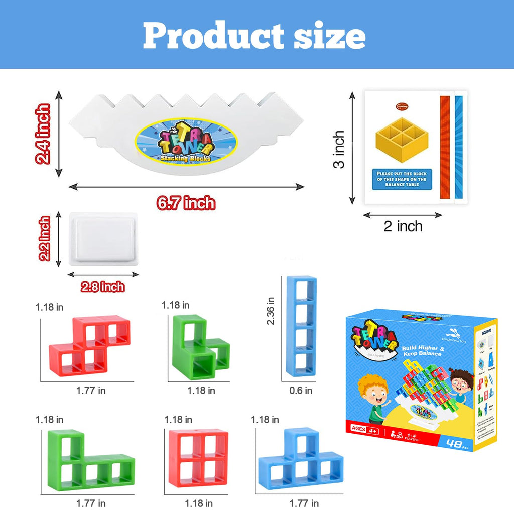 Tetra Balancing Stacking Tower 48-Piece Set - Family Board Game with 66 Cards, STEM Toy for Kids & Adults - Sylmifoi