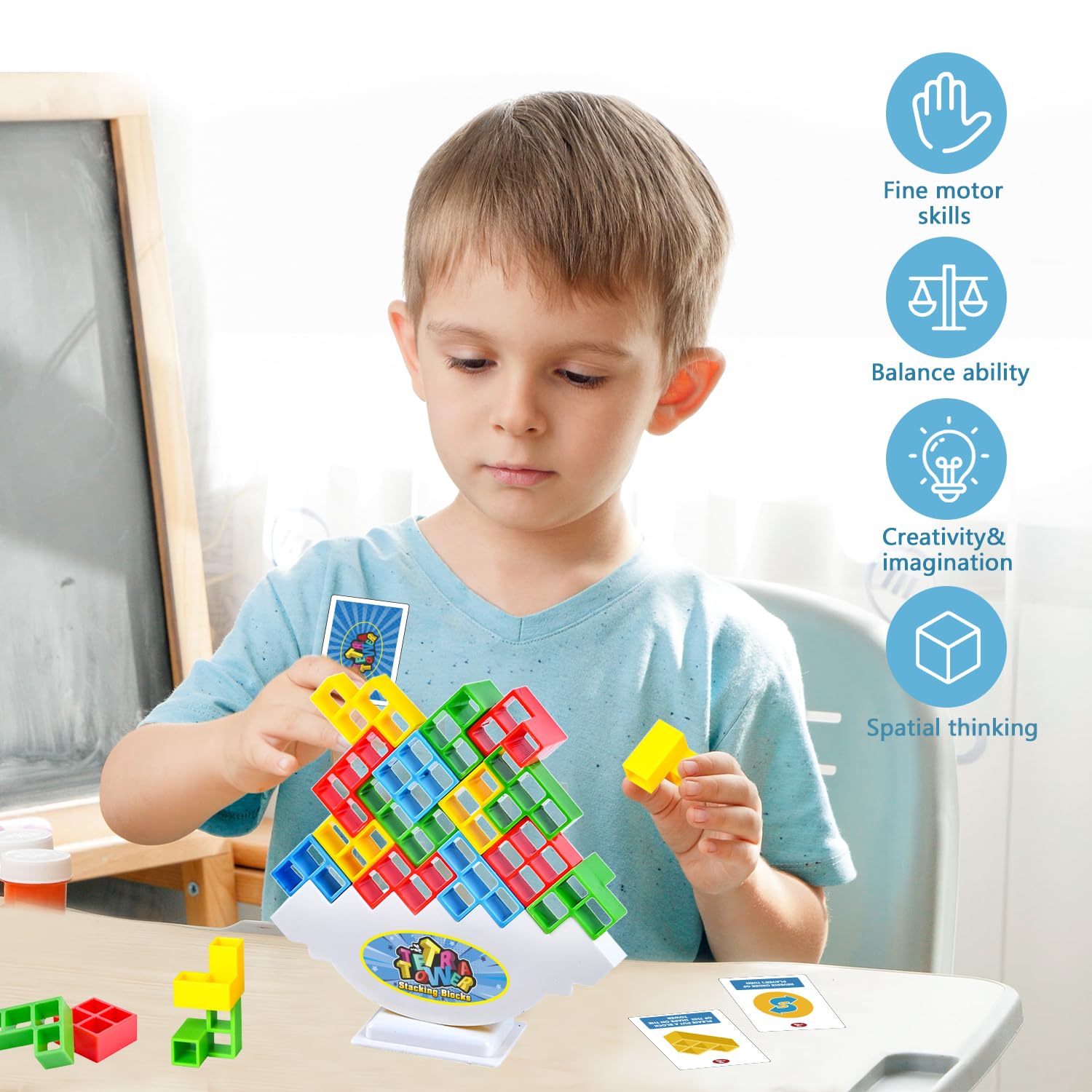 Tetra Balancing Stacking Tower 48-Piece Set - Family Board Game with 66 Cards, STEM Toy for Kids & Adults - Sylmifoi