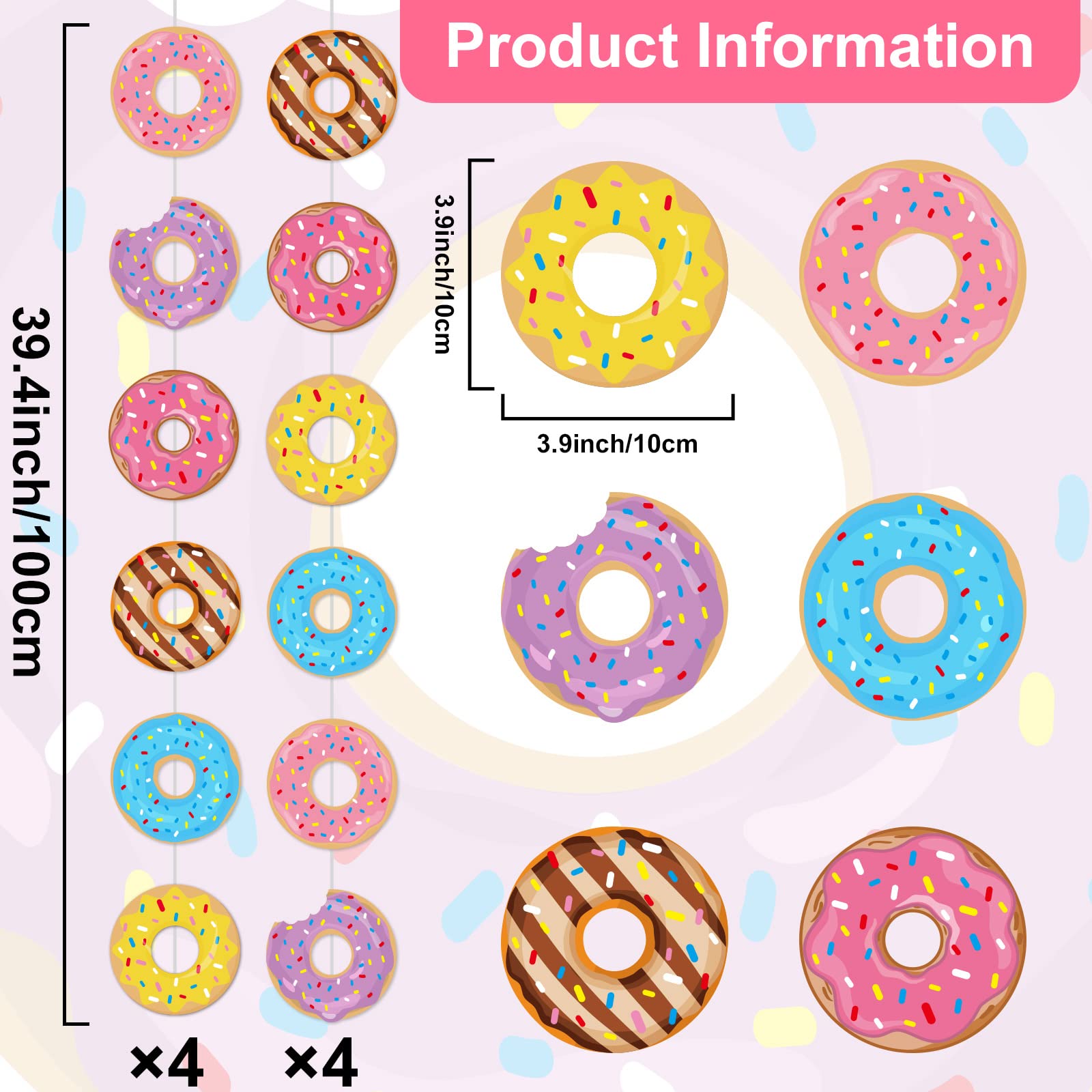 Tevxj 8-Pack Donut Birthday Party Banners - 48 Double-Sided Paper Garland Kit for Baby Shower, Classroom Decor