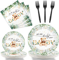 Tevxj 96-Piece Sage Green Bear Baby Shower Tableware Set for 24 Guests – Disposable Plates, Napkins, Forks with Greenery & Bear Design