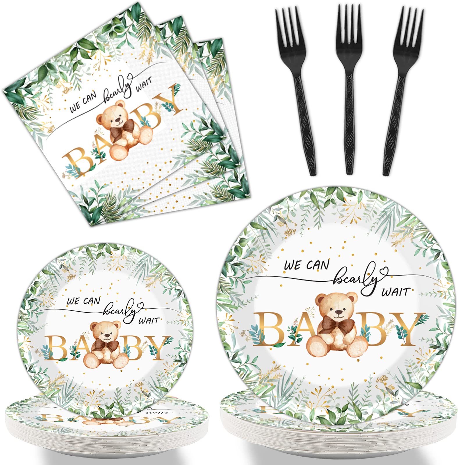 Tevxj 96-Piece Sage Green Bear Baby Shower Tableware Set for 24 Guests – Disposable Plates, Napkins, Forks with Greenery & Bear Design