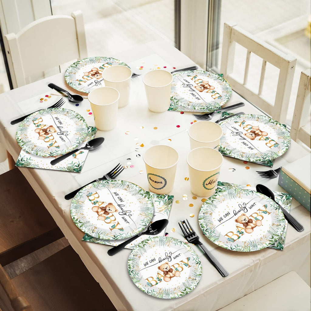 Tevxj 96-Piece Sage Green Bear Baby Shower Tableware Set for 24 Guests – Disposable Plates, Napkins, Forks with Greenery & Bear Design