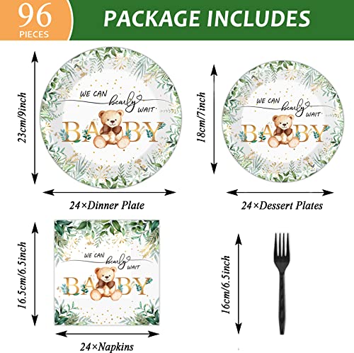 Tevxj 96-Piece Sage Green Bear Baby Shower Tableware Set for 24 Guests – Disposable Plates, Napkins, Forks with Greenery & Bear Design
