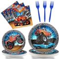 Tevxj 96PCS Truck Party Tableware Set: Plates, Napkins & Forks for 24 Guests