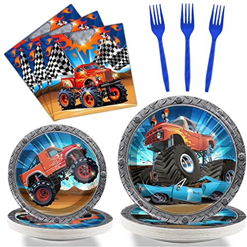 Tevxj 96PCS Truck Party Tableware Set: Plates, Napkins & Forks for 24 Guests