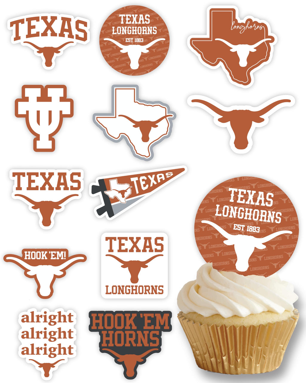 Texas Longhorns Cupcake Toppers – 24 Pack, PartyKandy, 3-4 Inch, Recyclable Paper Party Decor