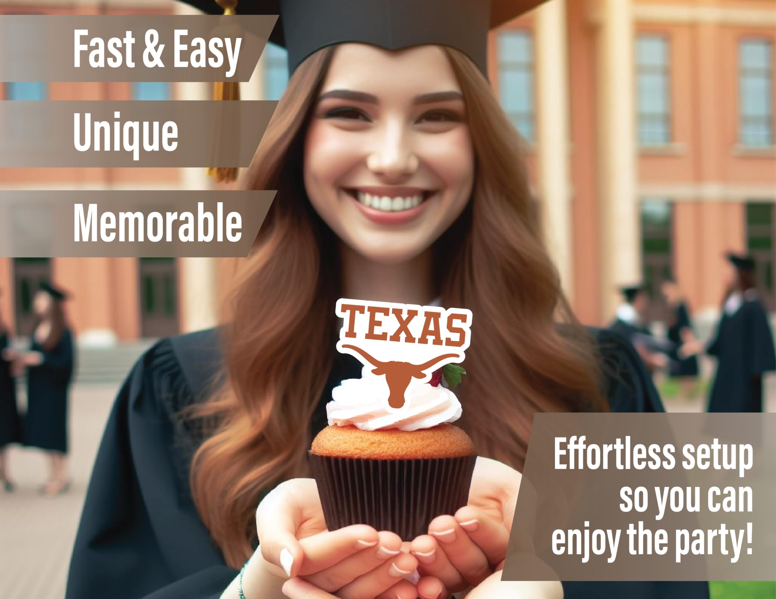 Texas Longhorns Cupcake Toppers – 24 Pack, PartyKandy, 3-4 Inch, Recyclable Paper Party Decor