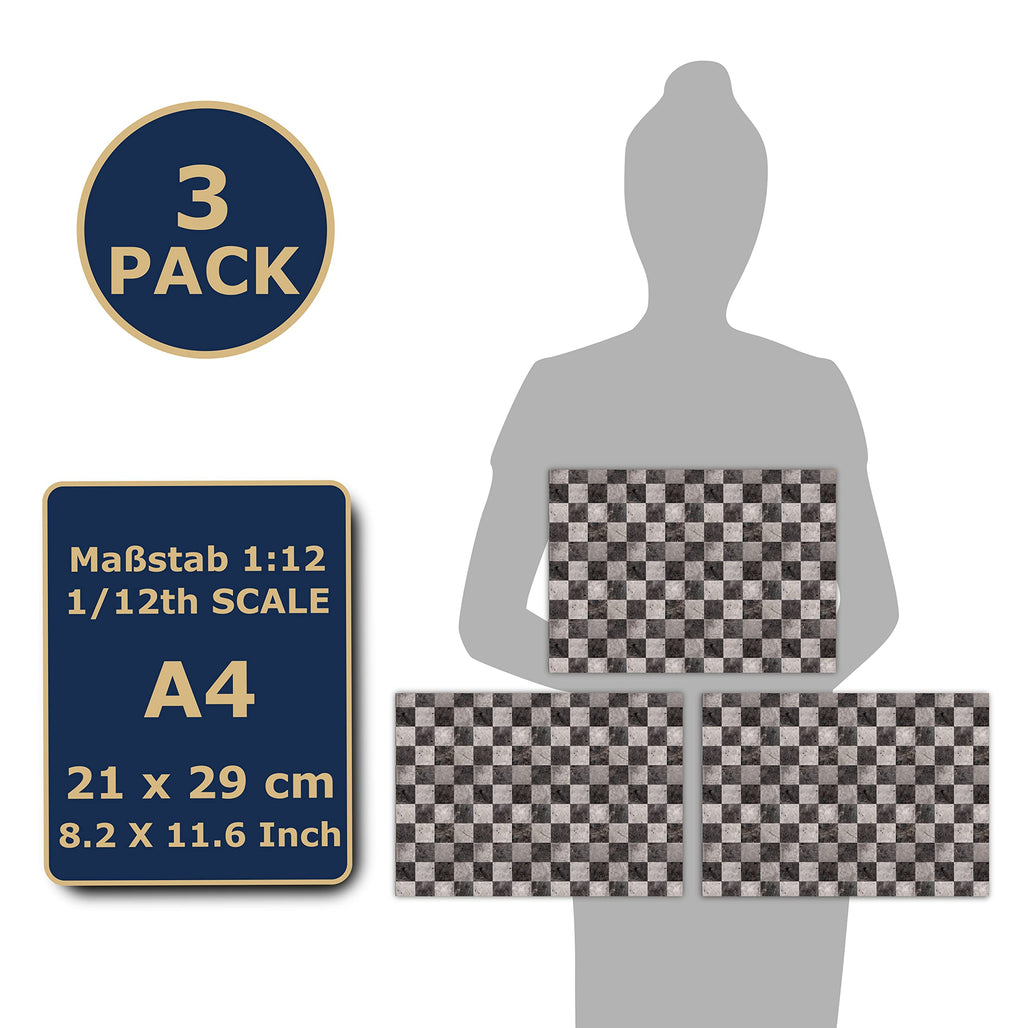 TexturKontor 3-Pack Self-Adhesive Dollhouse Floor Tiles – 1:12 Scale Checkerboard Marble Pattern, DIN A4 Sheets