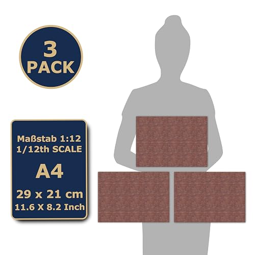 TexturKontor 3-Pack Self-Adhesive Wall Cladding Sheets for 1:12 Scale Dollhouses – Townhouse Brick Pattern