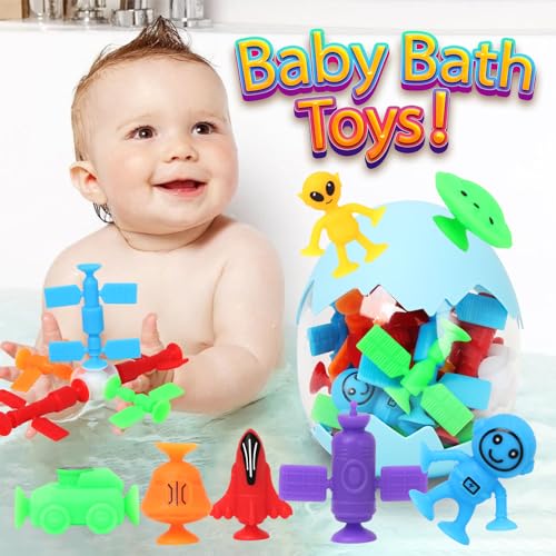 Texviko 20-Pack Space Suction Bath Toys with Eggshell Bag – Silicone No-Hole Bath Toys for Toddlers 3-6 Years