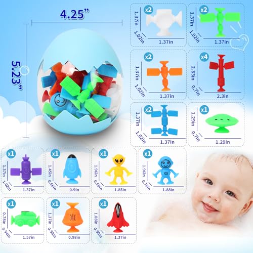 Texviko 20-Pack Space Suction Bath Toys with Eggshell Bag – Silicone No-Hole Bath Toys for Toddlers 3-6 Years