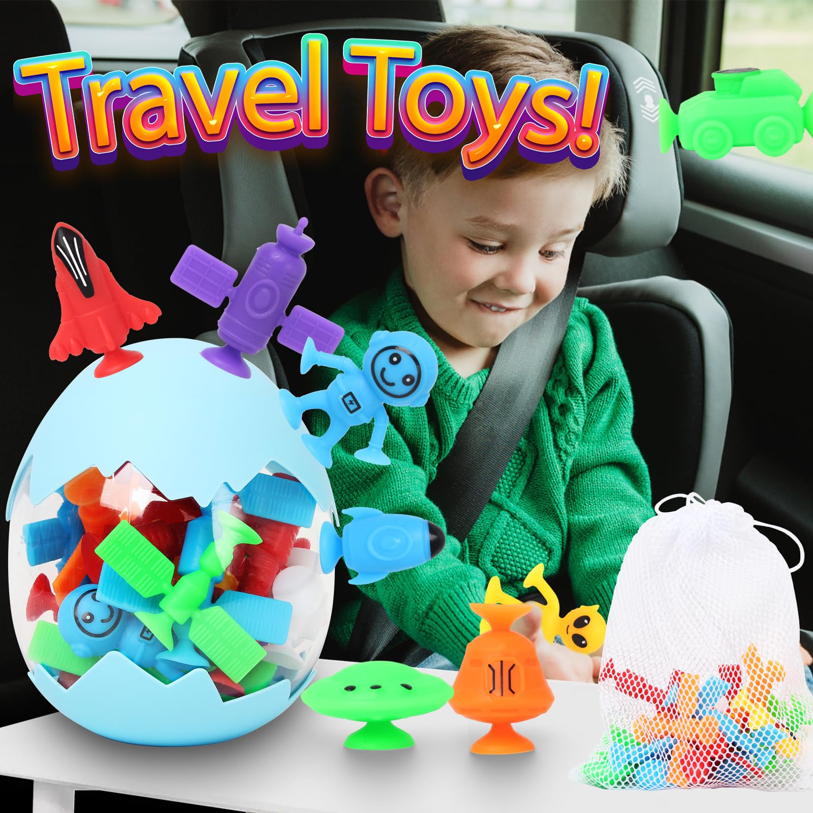 Texviko 20-Pack Space Suction Bath Toys with Eggshell Bag – Silicone No-Hole Bath Toys for Toddlers 3-6 Years