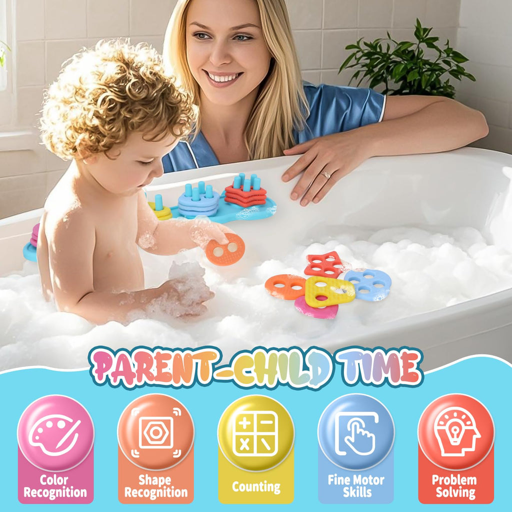 Texviko Baby Bath Toy Set – Mold-Free Silicone Shape Sorting & Stacking Toy with 20 Floating Pieces