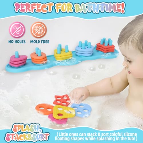 Texviko Baby Bath Toy Set – Mold-Free Silicone Shape Sorting & Stacking Toy with 20 Floating Pieces