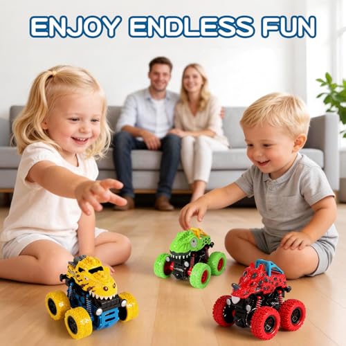 TGXLAK Dinosaur Monster Trucks – 3 Pack Friction Powered Push and Go Cars for Toddlers Ages 2-5
