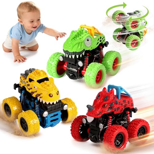 TGXLAK Dinosaur Monster Trucks – 3 Pack Friction Powered Push and Go Cars for Toddlers Ages 2-5