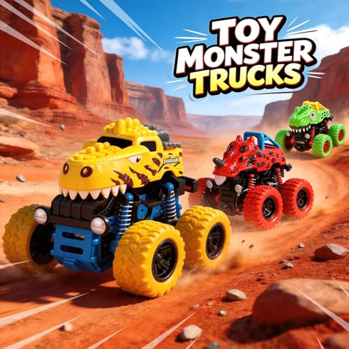 TGXLAK Dinosaur Monster Trucks – 3 Pack Friction Powered Push and Go Cars for Toddlers Ages 2-5