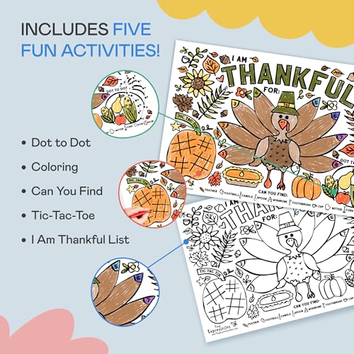 Thanksgiving Coloring Placemats (12 Pack) – 11x17 Turkey 'I Am Thankful For' Activity Sheets for Kids and Families