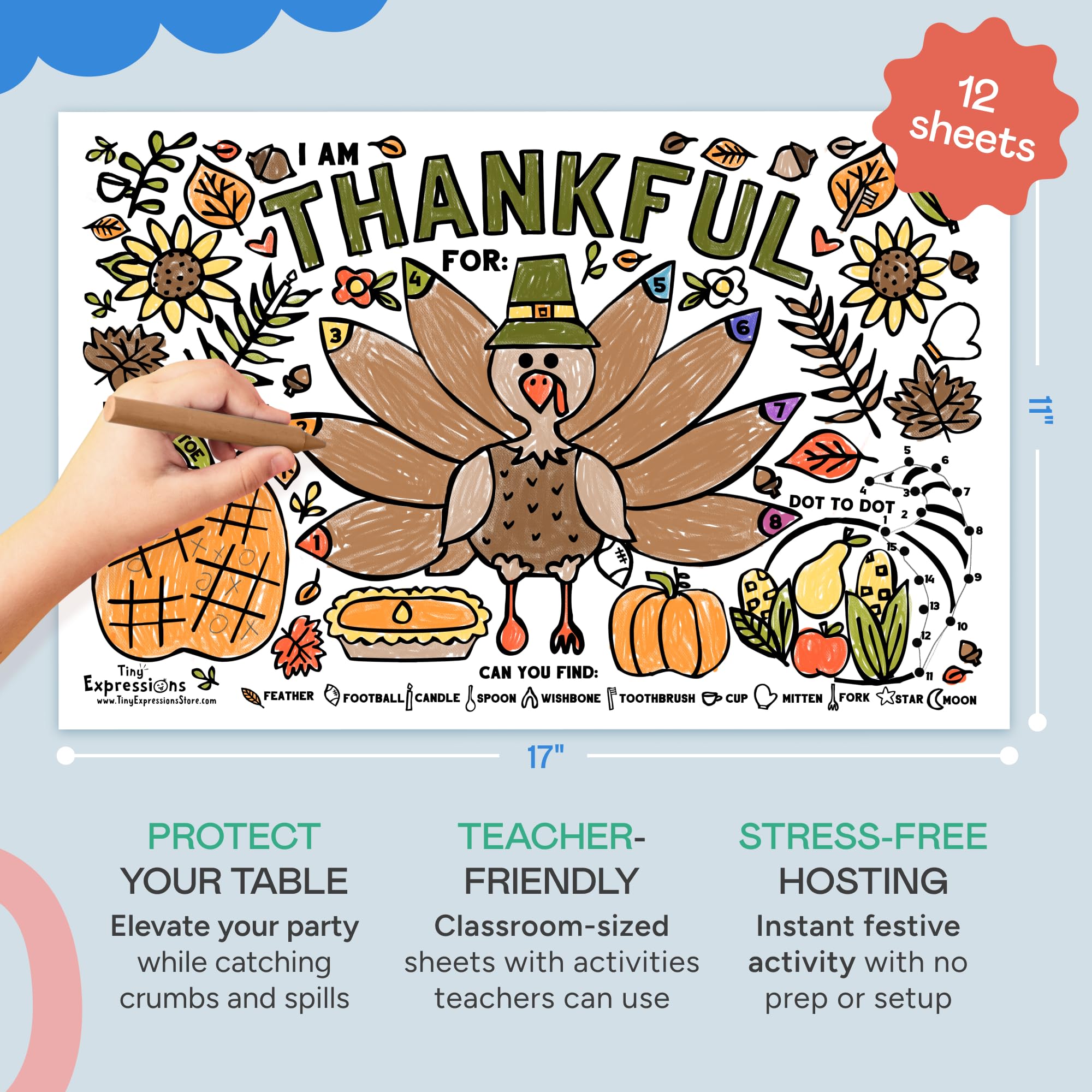 Thanksgiving Coloring Placemats (12 Pack) – 11x17 Turkey 'I Am Thankful For' Activity Sheets for Kids and Families