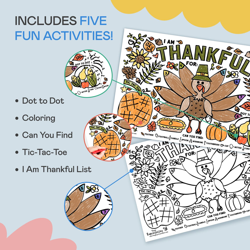 Thanksgiving Coloring Placemats (12 Pack) – 11x17 Turkey 'I Am Thankful For' Activity Sheets for Kids and Families