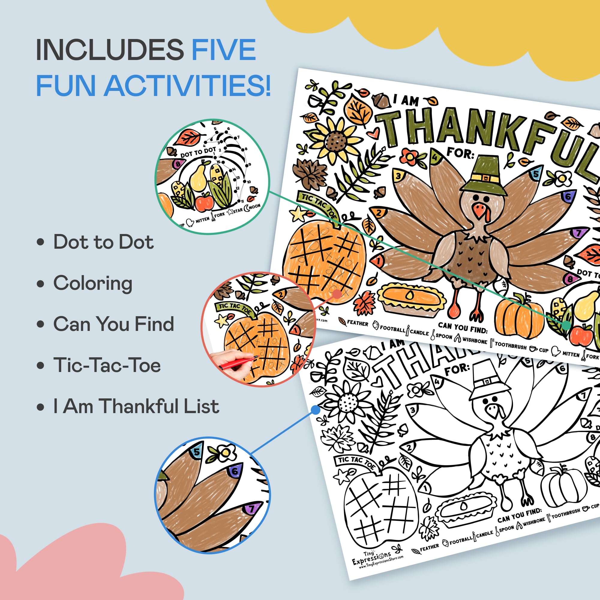 Thanksgiving Coloring Placemats (12 Pack) – 11x17 Turkey 'I Am Thankful For' Activity Sheets for Kids and Families