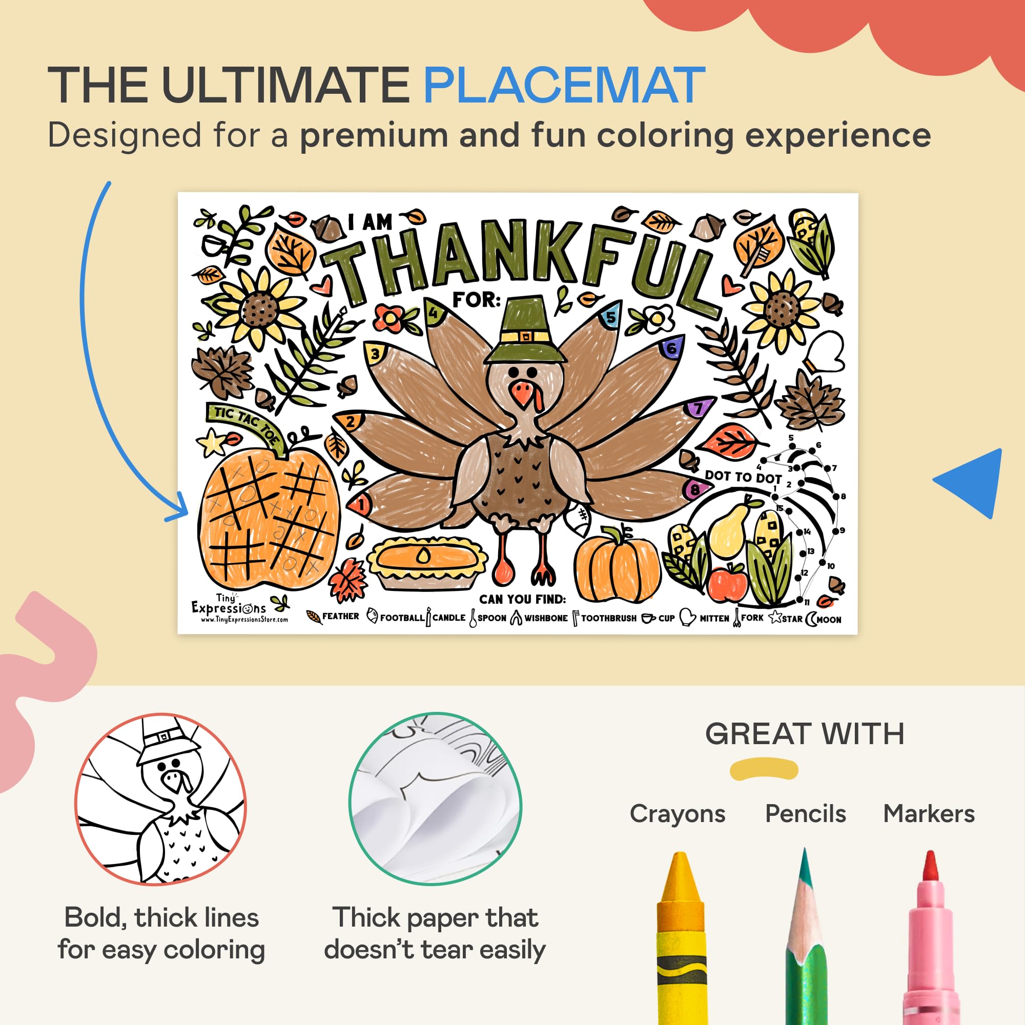 Thanksgiving Coloring Placemats (12 Pack) – 11x17 Turkey 'I Am Thankful For' Activity Sheets for Kids and Families
