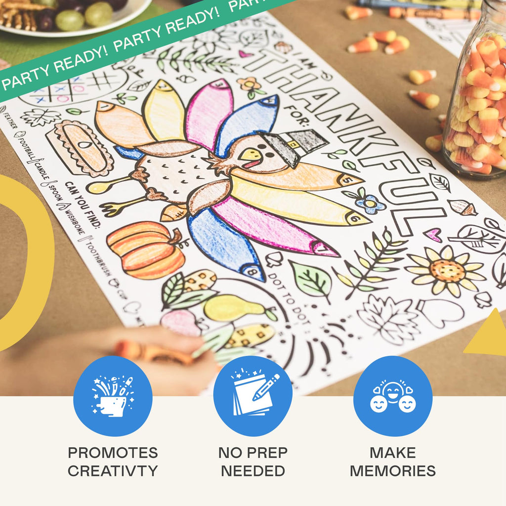 Thanksgiving Coloring Placemats (12 Pack) – 11x17 Turkey 'I Am Thankful For' Activity Sheets for Kids and Families