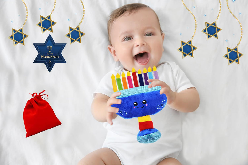 The Dreidel Company Plush Musical Menorah with Removable Candles and Dreidel, Plays 2 Hanukkah Songs