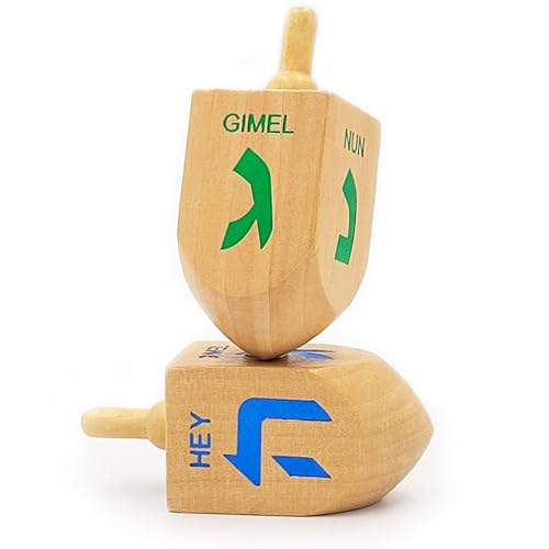 The Dreidel Company XL Wooden Dreidels, 4-Pack Hand Painted 3-Inch Spinning Tops with Hebrew Letters & Game Instructions