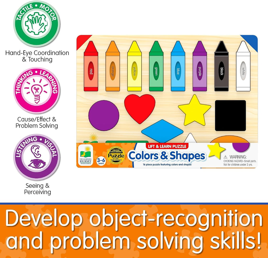 The Learning Journey Lift & Learn Puzzle Colors & Shapes – 16-Piece Preschool Educational Toy for Ages 3+