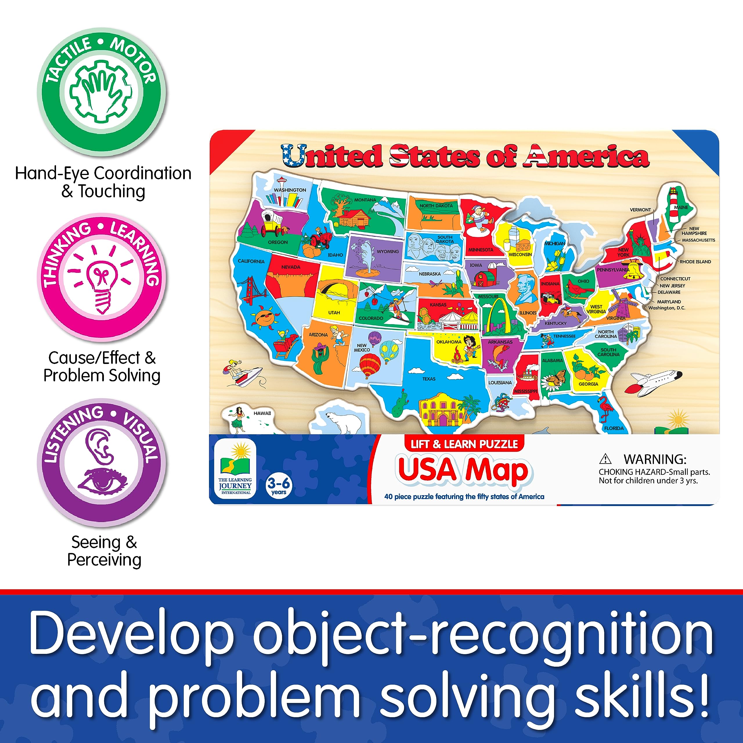 The Learning Journey Lift & Learn USA Map Puzzle – 40 Pieces, Raised Pieces for Easy Grasping, Ages 3+