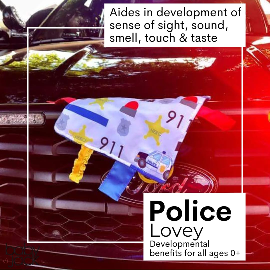 The Learning Lovey 8x8 Inch Police Blue Line Sensory Tag Toy with Crinkle Paper and Stroller Clip