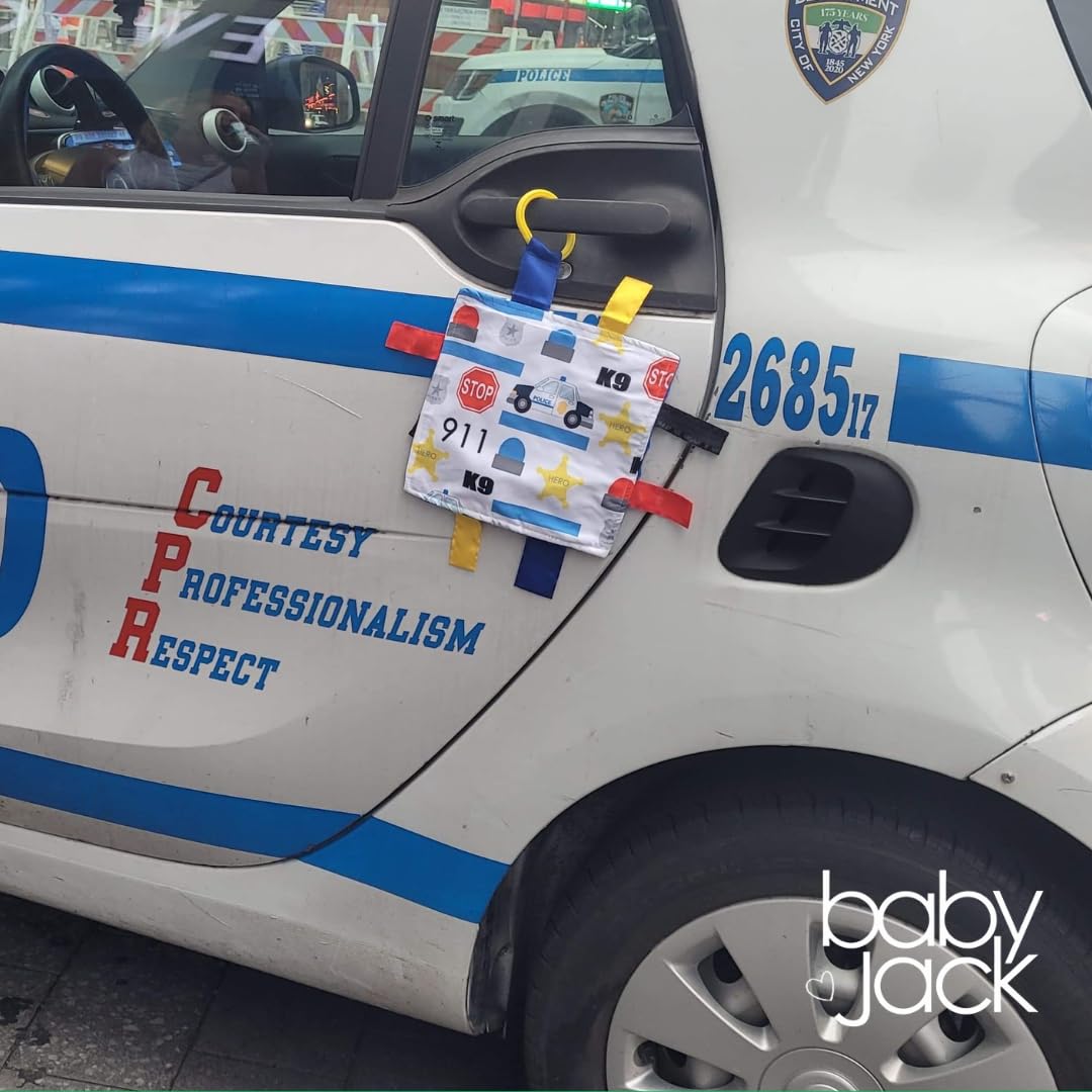 The Learning Lovey 8x8 Inch Police Blue Line Sensory Tag Toy with Crinkle Paper and Stroller Clip