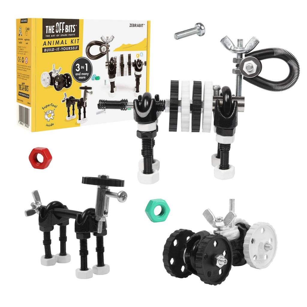 The Off Bits Black Zebra Erector Set – Animal Mini STEM Building Toy for Kids 6+ with Nuts & Bolts